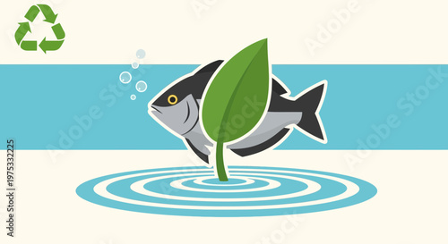 Cartoon fish swimming near green leaf in water with eco friendly symbol.