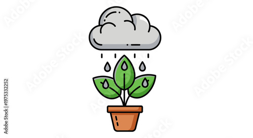 A cartoon potted plant receiving rainfall.