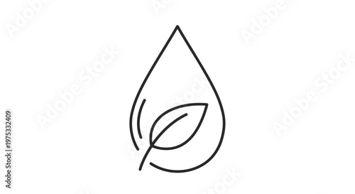 A minimalist line art illustration of a leaf inside a water droplet.