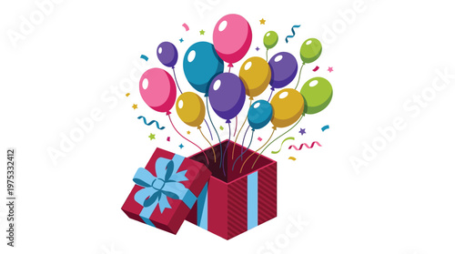 Celebration Gift Box with Colorful Balloons and Confetti Surprise Illustration isolated on White Background for Party Design