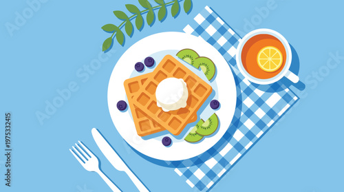 Flat Lay Vector Illustration of Delicious Breakfast Plate with Waffles Blueberries Kiwi and Hot Lemon Tea