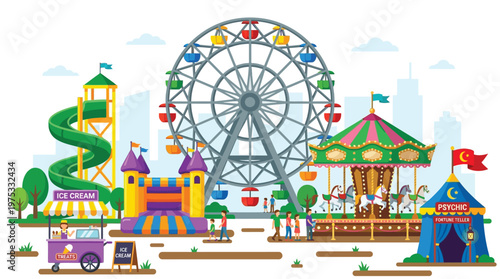Colorful Amusement Park Flat Vector Illustration with Ferris Wheel Carousel and Carnival Rides for Summer Event Promotions