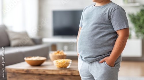 Child in Casual T-Shirt and Sweatpants Relaxing at Home with Snacks