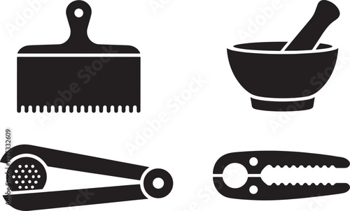 Illustration of essential household tools including afro comb, flat iron, mortar and pestle, an
