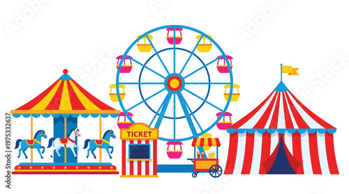 Colorful Amusement Park Fairground Illustration with Ferris Wheel Carousel and Circus Tent Isolated on White Background