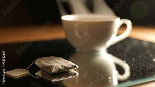 Steaming hot cup of tea with tea bag on dark reflective surface