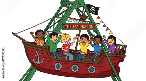 Diverse Children Having Fun on a Pirate Ship Swing Ride at an Amusement Park Cartoon Illustration