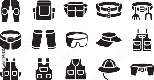 Military Tactical Gear Icon Set Featuring Utility Vests, Protective Clothing, Belts, and Hats
