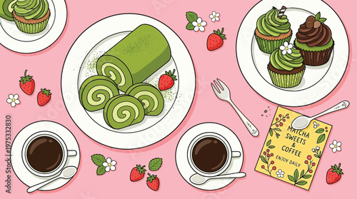 Japanese Matcha Green Tea Roll Cake with Cupcakes and Coffee Flat Lay Illustration on Pink Background