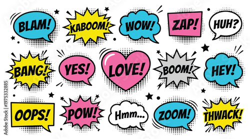 Pop Art Comic Book Speech Bubbles and Onomatopoeia Explosion Set with Retro Halftone Effect for Creative Design Projects