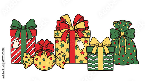 Hand Drawn Christmas Gift Boxes and Festive Presents Illustration Set for Holiday Greetings and Seasonal Marketing
