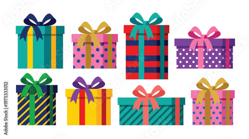 Set of Eight Colorful Gift Boxes with Bows and Patterned Wrapping Paper for Holiday Birthday and Festive Celebration Marketing Designs