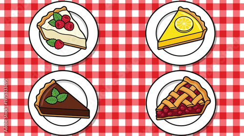 Collection of Delicious Dessert Pie Slices on White Plates over Red Gingham Checkered Tablecloth Illustration