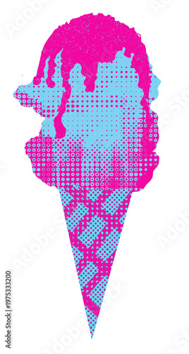 A high-contrast, two-tone graphic featuring a melting ice cream cone with a retro halftone dot pattern. Perfect for summer themes and modern pop culture designs.