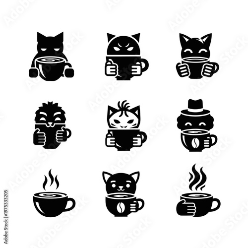 Cute Cat Coffee Icons Set - Vector Illustration
