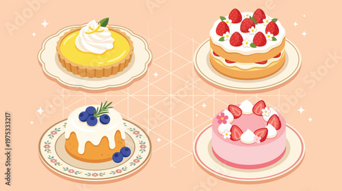 Gourmet dessert vector set featuring strawberry cake lemon tart and blueberry pastry for bakery menu and food branding