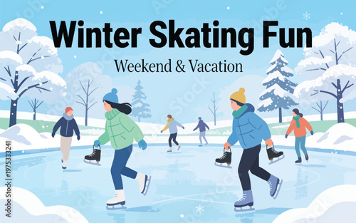 Winter Skating Fun: People Ice Skating at Outdoor Rink Vector Weekend Vacation