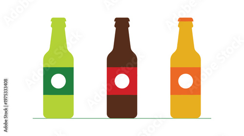 Flat vector illustration of three colorful glass beverage bottles with blank labels for craft beer or cider branding concepts