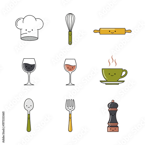 Cute Kawaii Kitchen Utensils and Food Icons Set Vector