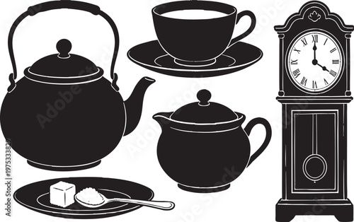 Vintage Tea Time Collection Black Silhouettes Doodle Art on Transparent Background