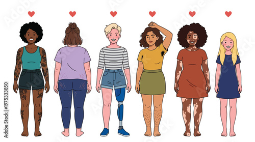 Diverse Women Group Celebrating Body Positivity Inclusivity and Self Love Concept with Flat Vector Illustration