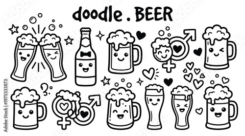 Hand Drawn Kawaii Beer Doodle Collection Featuring Cute Character Mugs Glasses and Bottle for Celebration and Bar Design Elements