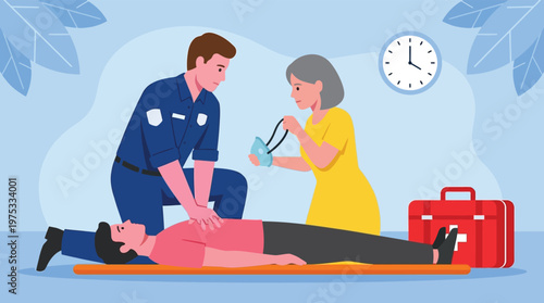 First Aid Emergency Responders Performing Life Saving CPR and Medical Care on Patient Flat Vector Illustration for Healthcare Training