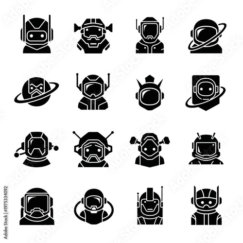 Futuristic Robot and Astronaut Helmets Icons Set - Sci-Fi Technology Concept