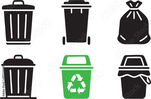 Waste Management and Recycling Bin Icon Set, Garbage Symbols Transparent Background