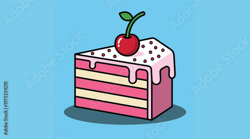 Pink Layered Cake Slice Illustration with Red Cherry Topping on Blue Background for Bakery and Birthday Design