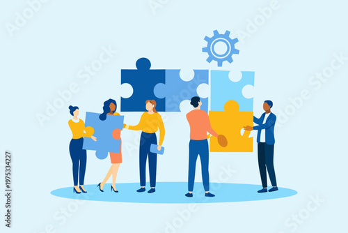 Diverse team collaborating connecting puzzle pieces representing synergy and solutions