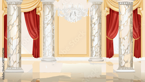 Elegant interior with marble columns red curtains and a crystal chandelier