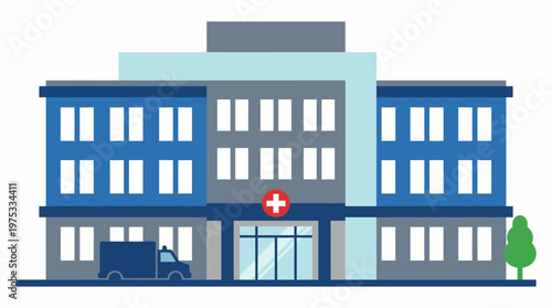Modern flat vector illustration of a hospital building with an ambulance outside, symbolizing healthcare and medical services