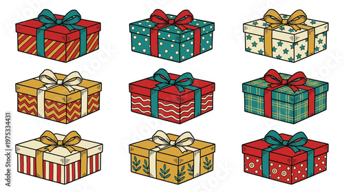 Vintage Hand Drawn Gift Box Set with Ribbons and Patterns for Christmas Birthday and Holiday Festive Graphic Design Elements