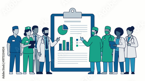 Medical Team Collaboration Diverse Healthcare Professionals Analyzing Data and Strategic Planning for Improved Patient Care Illustration