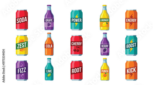 Colorful flat vector set of soda cans and glass bottles with generic drink labels for commercial beverage marketing and design