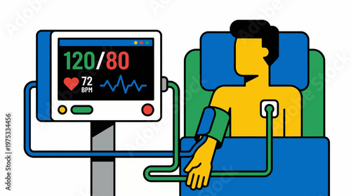 A patient receives essential health monitoring with a clear vital signs display on a medical screen in this modern flat vector illustration, emphasizing healthcare diagnostics