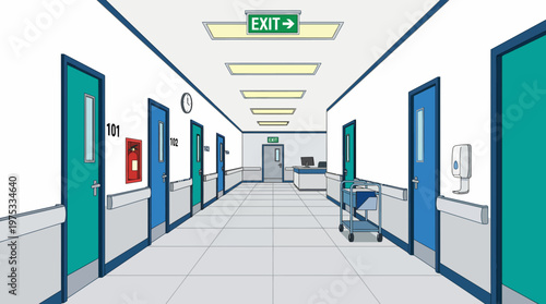 Vibrant illustration of an empty hospital corridor in one-point perspective, detailing patient room doors, exit sign, and medical equipment within a healthcare facility