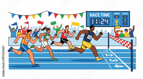 Athletes Compete in a Track Race, Crossing the Finish Line Amidst Cheers and Celebration