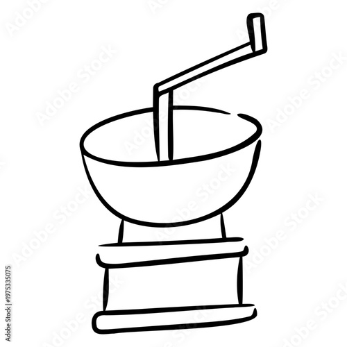 Hand-Drawn Vintage Coffee Grinder Doodle, Cute Manual Burr Mill Outline for Wedding Breakfast, Cafe Menu, and Rustic Marriage Decor.