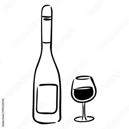 Hand-Drawn Wedding Champagne Bottle and Glass Doodle, Cute Celebration Bubbly Outline with Ribbon Bow for Marriage Banquet and Bar Menu.