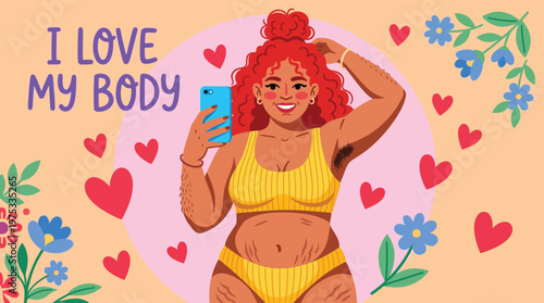 Body Positive Illustration of a Happy Curvy Woman with Stretch Marks Taking a Selfie for Self Love Social Media