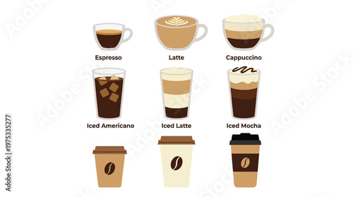 Professional Coffee Drink Menu Icons Set including Espresso Latte Cappuccino Iced Mocha and Takeaway Paper Cups for Cafe Signage