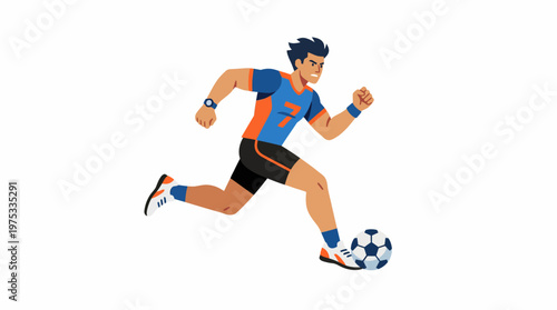 Dynamic illustration of a male soccer player in action, dribbling a ball with determination on a white background