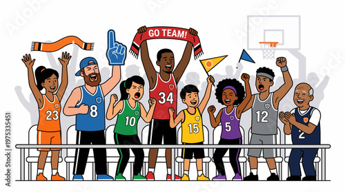 Energetic illustration of a diverse group of devoted sports fans cheering at a thrilling game, showcasing unity and passion for their favorite team