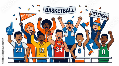 Dynamic illustration capturing the excitement of diverse basketball fans passionately cheering and celebrating at a lively sports event with banners and team spirit