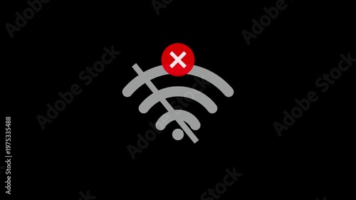 Animated Wi-Fi Signal Loss and No Connection Error with Red Cross Icon on transparent Background. 4K video with alpha channel