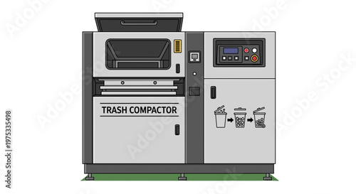 Commercial Trash Compactor Illustration for Efficient Waste Management, Modern Industrial Design, isolated on transparent background, Clipping Path Included