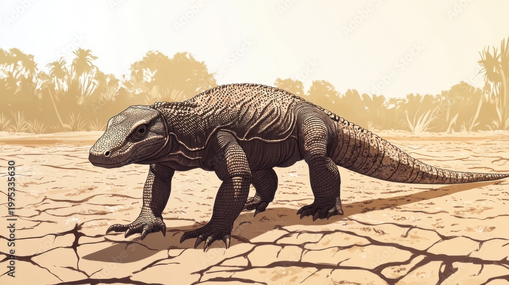 Fototapeta premium Komodo Dragon Walking Across Dry Ground