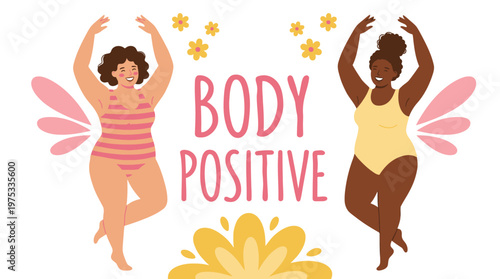 Diversity Body Positive Women Illustration Happy Plus Size Ladies in Swimsuits Dancing and Celebrating Health Inclusivity